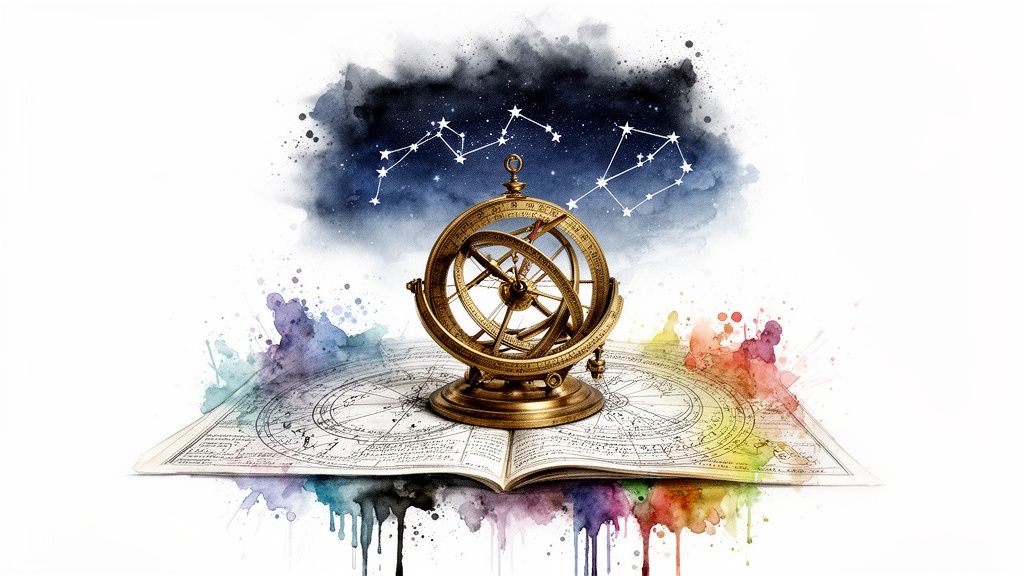 Une sphère armillaire dorée sur un livre ouvert avec des cartes célestes, sous un ciel étoilé et des éclaboussures d'aquarelle.