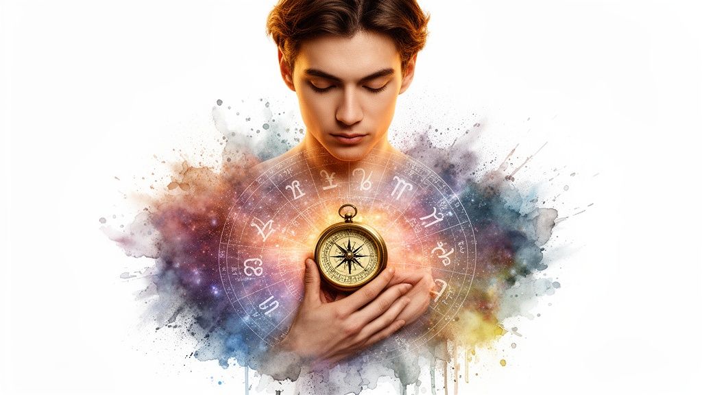 Jeune homme tenant une boussole dorée, entouré d'un cercle de signes astrologiques sur fond abstrait coloré.
