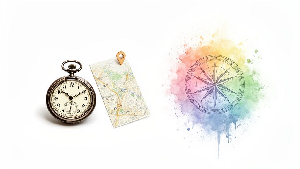 Montre de poche, carte avec repère de localisation et rose des vents colorée, symbolisant le temps et l'orientation.