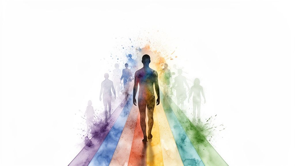 Silhouettes humaines colorées marchant sur un chemin arc-en-ciel, symbolisant un voyage spirituel ou la vie.