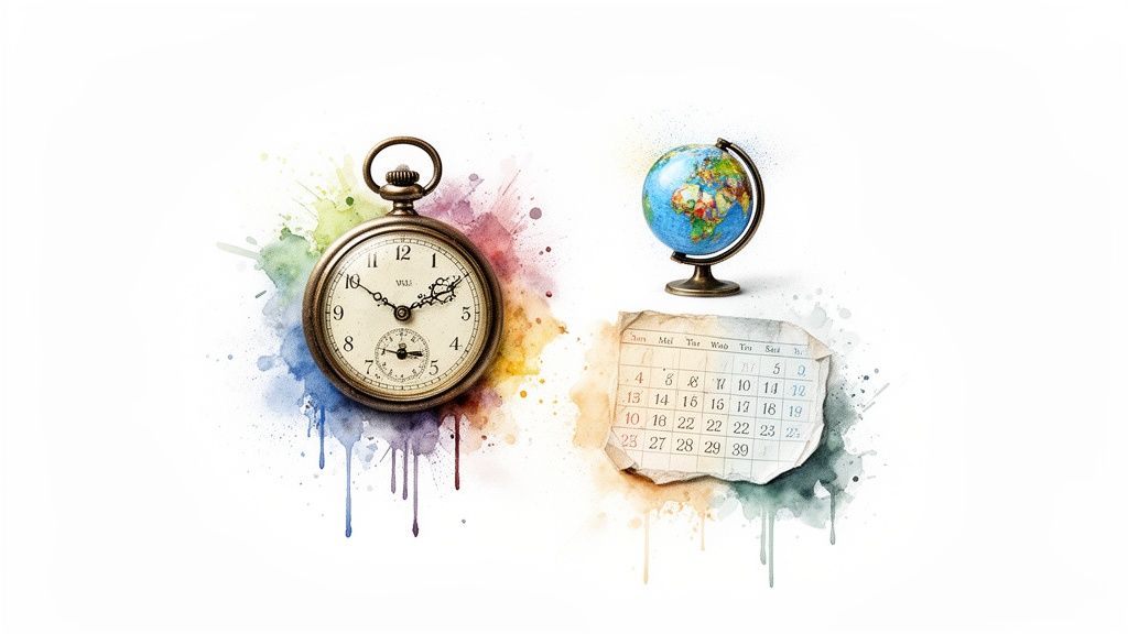 Montre de poche, globe terrestre et calendrier avec éclaboussures d'aquarelle sur fond blanc, symbolisant le temps et le monde.