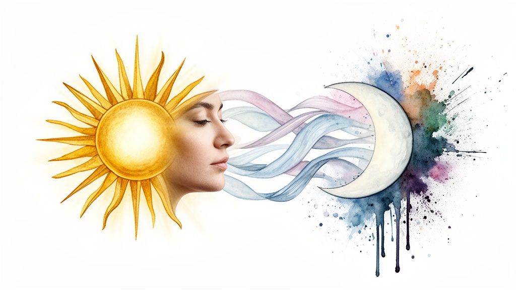 Visage de femme en profil avec soleil doré, ondes colorées et croissant de lune aquarelle.
