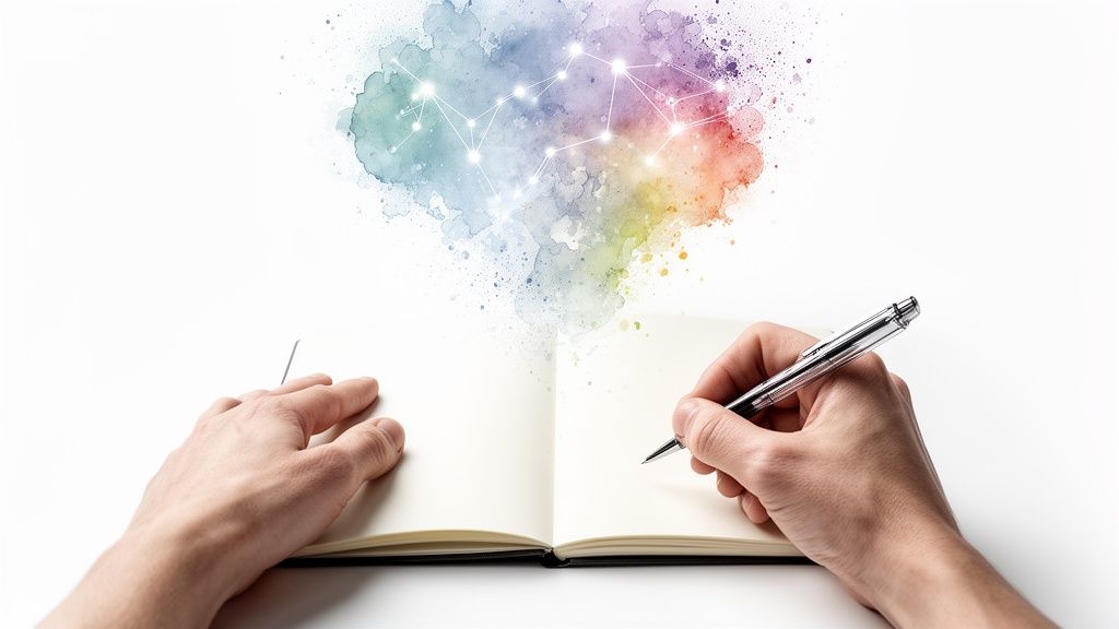 Mains écrivant dans un carnet ouvert, avec des éclaboussures d'aquarelle colorées et un réseau d'idées au-dessus.