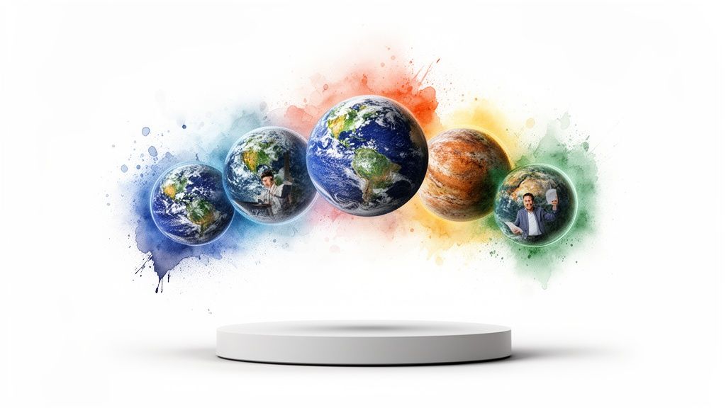 Cinq globes, dont trois représentations de la Terre, flottent au-dessus d'un podium, avec des hommes à l'intérieur. Des éclaboussures de peinture colorées entourent les globes.