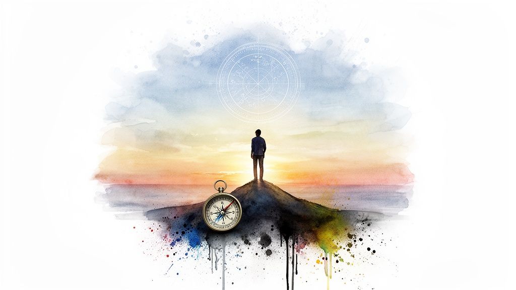 Silhouette d'une personne sur une colline, regardant un thème astral dans un ciel aquarelle, avec une boussole.