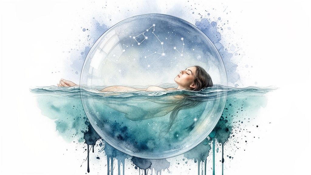 Une femme flotte paisiblement dans l'eau à l'intérieur d'une bulle de verre avec des constellations au-dessus, entourée d'éclaboussures d'aquarelle.