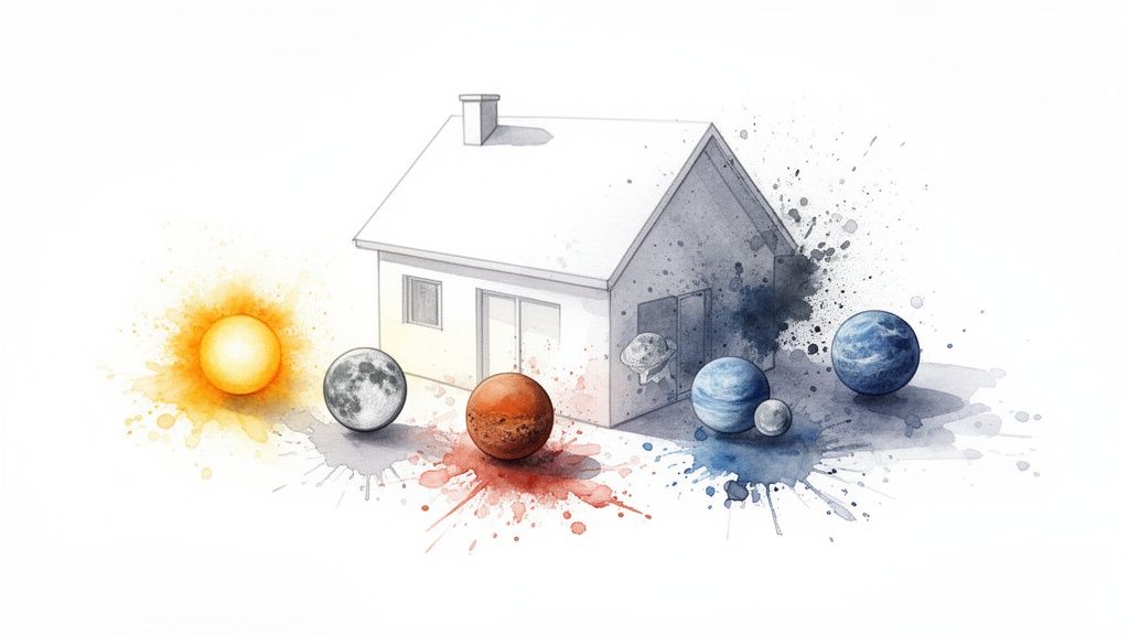 Une maison esquissée entourée de planètes et du soleil, avec des éclaboussures d'aquarelle colorées.