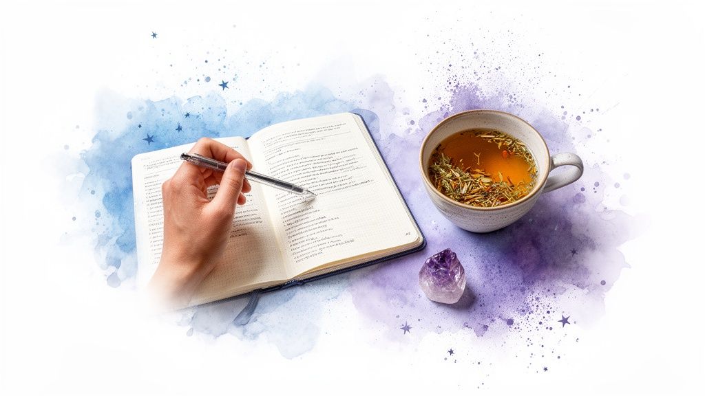 Main écrivant dans un carnet avec une tasse de tisane et un cristal d'améthyste, sur un fond aquarelle étoilé.