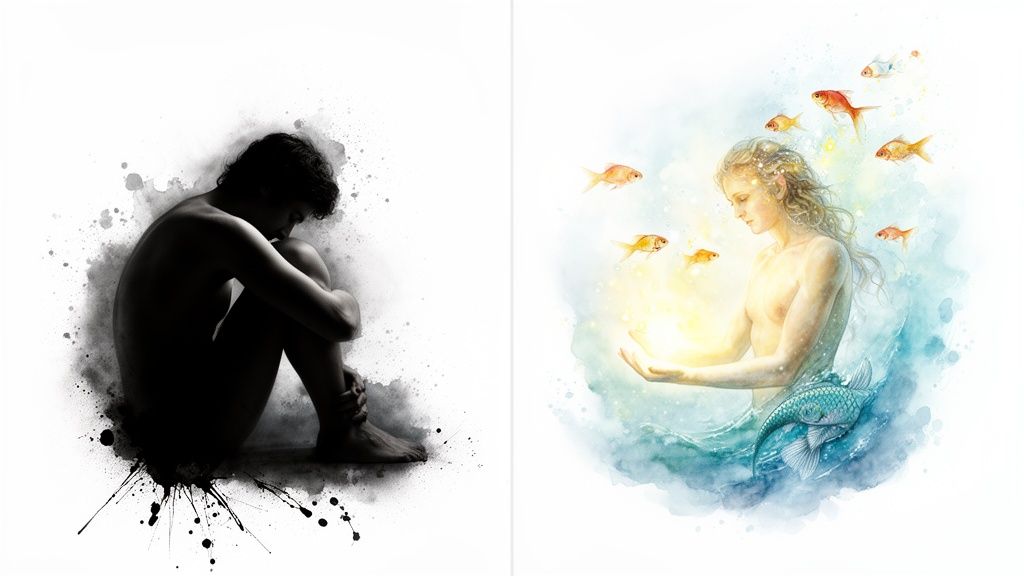 Image double contrastée: une figure sombre recroquevillée et un être lumineux libérant des poissons dans l'eau.