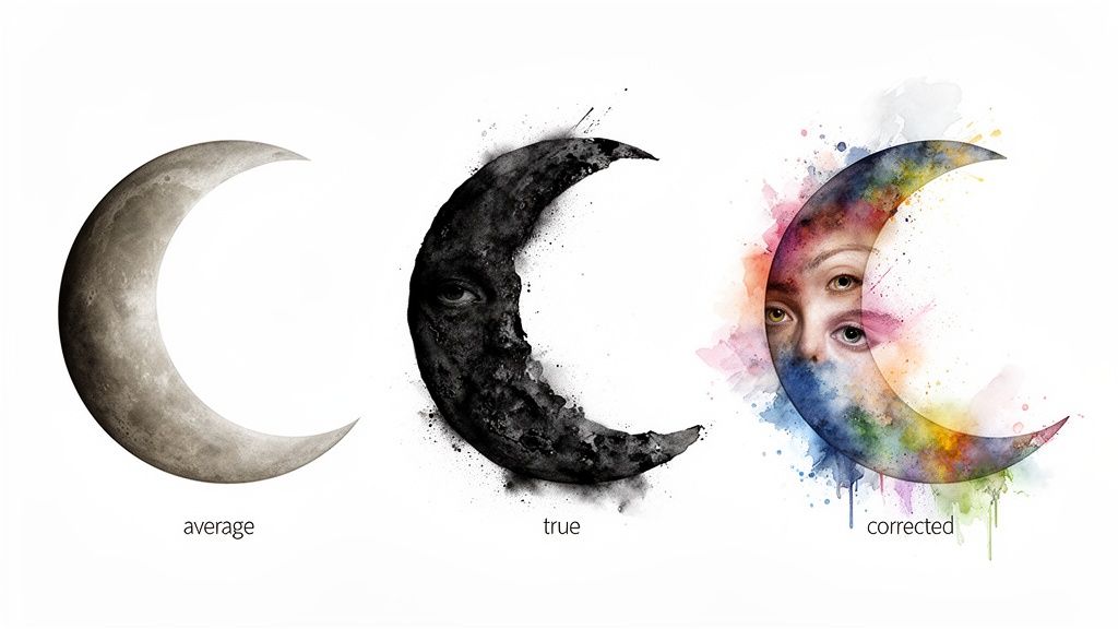 Trois lunes croissantes illustrent des concepts d'average, true et corrected, avec des styles artistiques distincts.