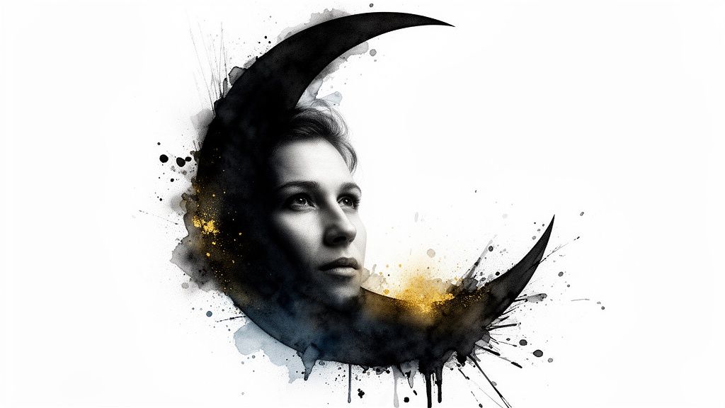 Visage de femme en noir et blanc intégré à une lune de croissant sombre, avec des éclaboussures dorées.
