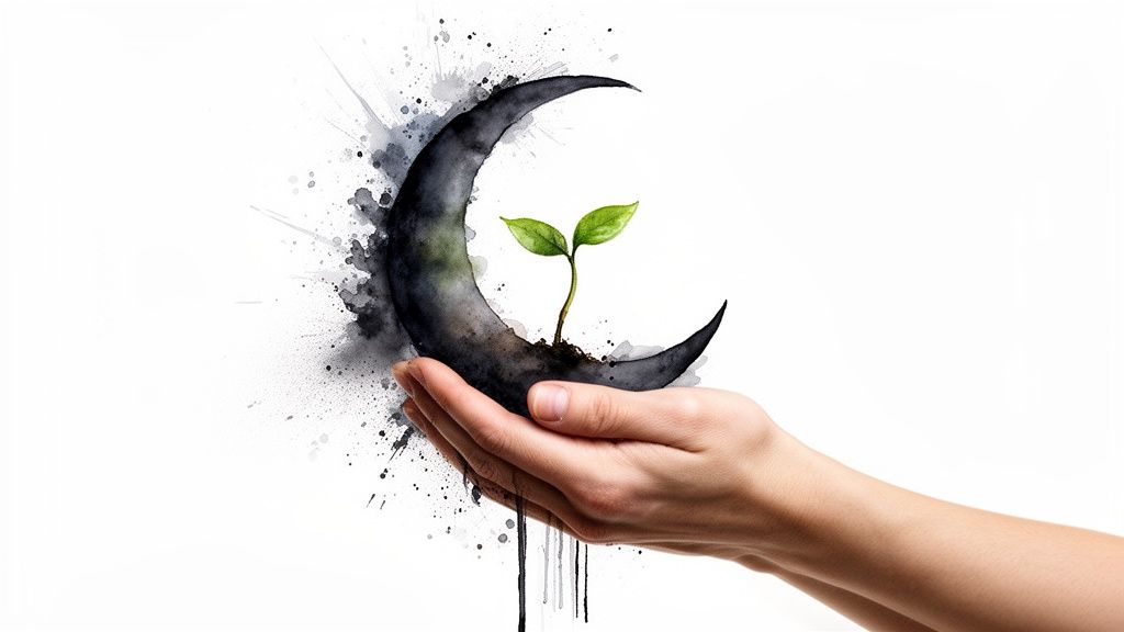 Mains tenant une lune noire stylisée en aquarelle avec une petite pousse verte, symbolisant le renouveau.