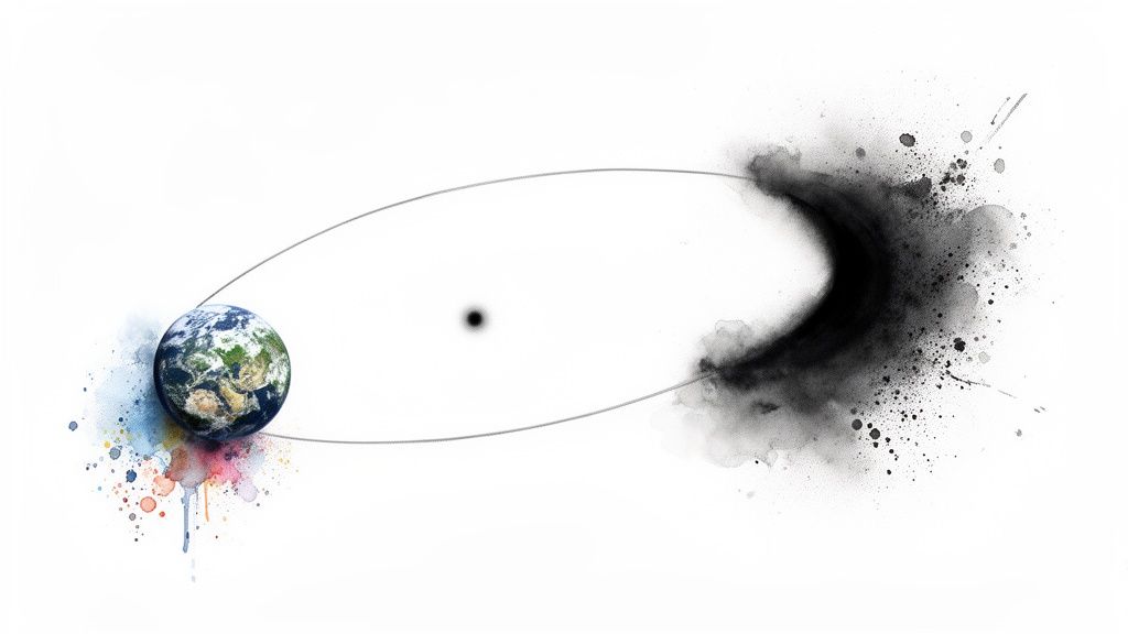 La Terre colorée suit une trajectoire vers une forme sombre en croissant, avec des éclaboussures d'encre.