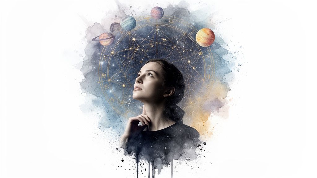 Une femme regarde vers le haut, entourée d'un cercle astrologique avec des planètes dans un style aquarelle.