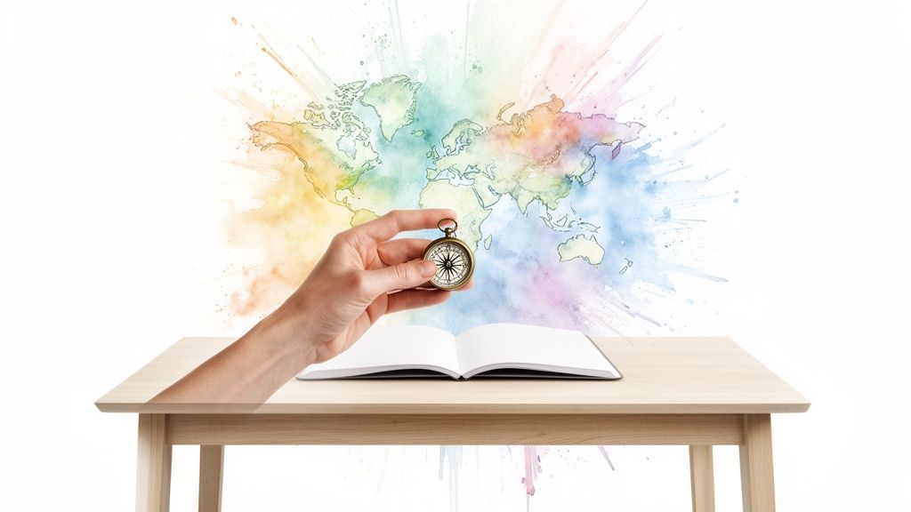 Une main tient une boussole au-dessus d'un livre ouvert sur une table en bois, avec une carte du monde colorée en arrière-plan.