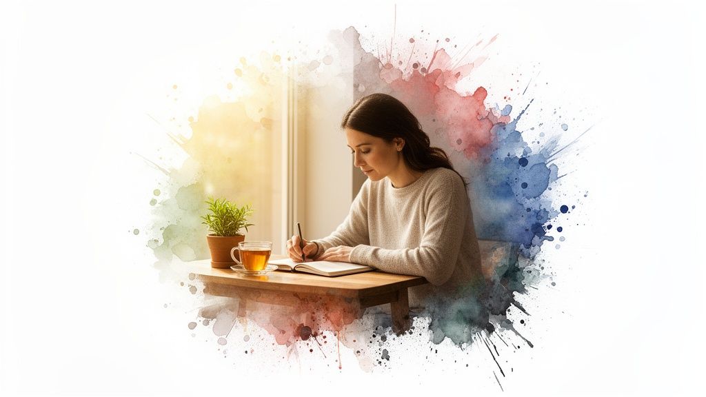 Une femme écrit dans un carnet avec une tasse de thé et une plante, entourée d'effets aquarelle colorés.