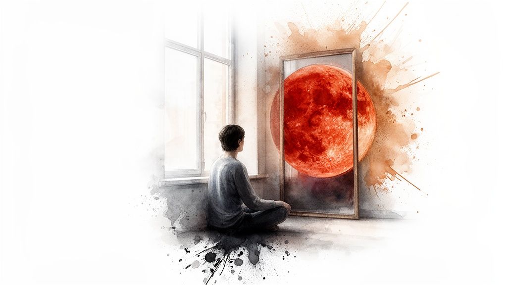 Illustration aquarelle d'une personne assise, observant une fenêtre et un miroir avec une pleine lune rouge.
