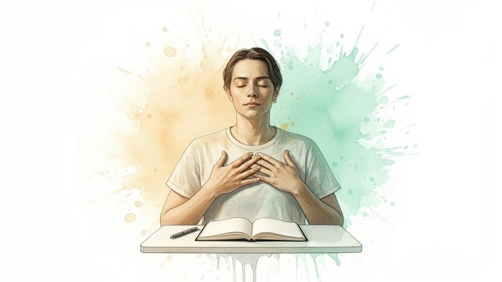 Une personne médite paisiblement, les yeux clos, les mains sur la poitrine, devant un livre ouvert, sur fond abstrait.