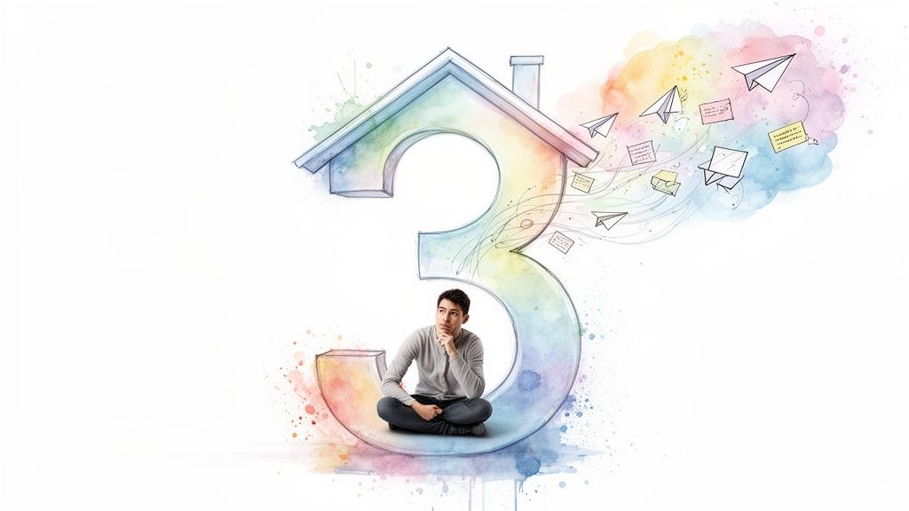 Un homme médite dans un chiffre 3 coloré en forme de maison, d'où s'envolent des avions en papier et des notes.