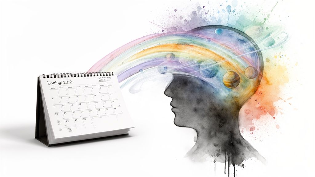 Un calendrier 2012 et une tête humaine avec arcs-en-ciel et planètes, symbolisant créativité et temps.