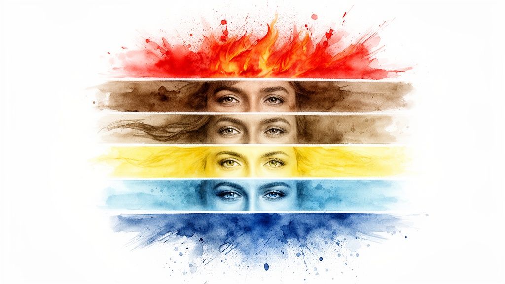 Image abstraite de plusieurs paires d'yeux de femmes dans des bandes d'aquarelle colorées représentant des éléments.