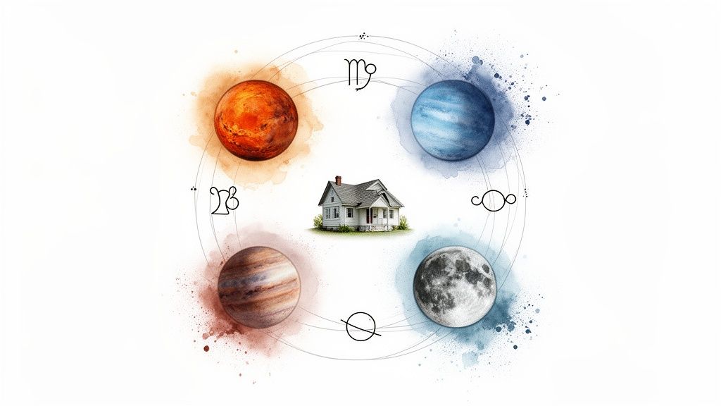 Diagramme astrologique avec une maison centrale, quatre planètes et des symboles zodiacaux, sur fond blanc.