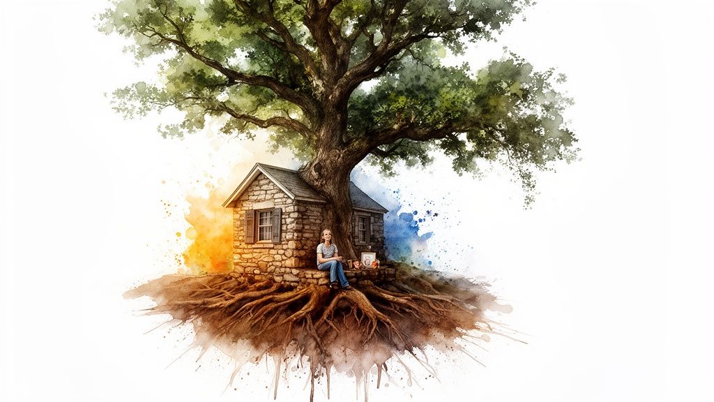 Illustration aquarelle : une maison en pierre enracinée sous un grand arbre, avec une jeune personne assise devant.
