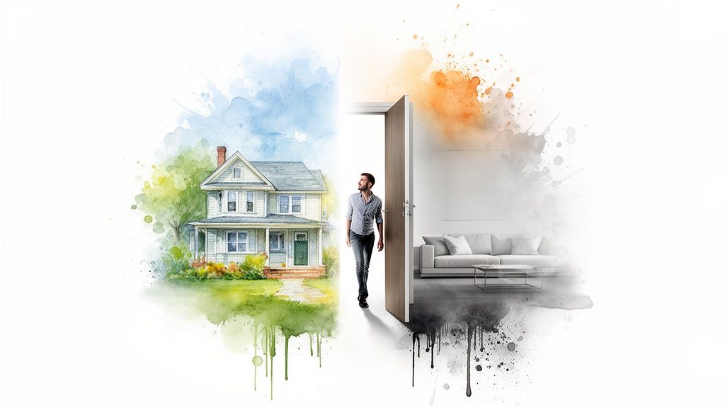 Un homme franchit une porte, transitionnant d'une maison rurale en aquarelle vers un intérieur moderne stylisé.