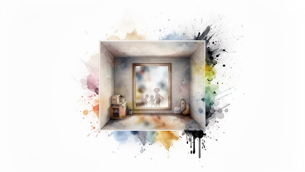 Une pièce aquarelle avec une fenêtre montrant des silhouettes floues d'enfants, entourée d'éclaboussures de peinture.