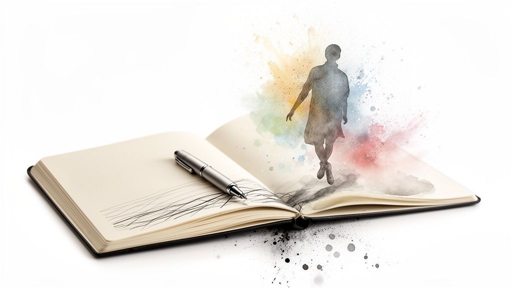 Un carnet ouvert avec un stylo, d'où émerge une silhouette colorée en aquarelle, symbolisant la créativité et la paix intérieure.