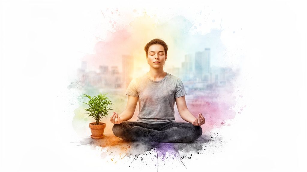 Une femme médite paisiblement en position du lotus, avec une plante et un fond urbain stylisé en aquarelle colorée.