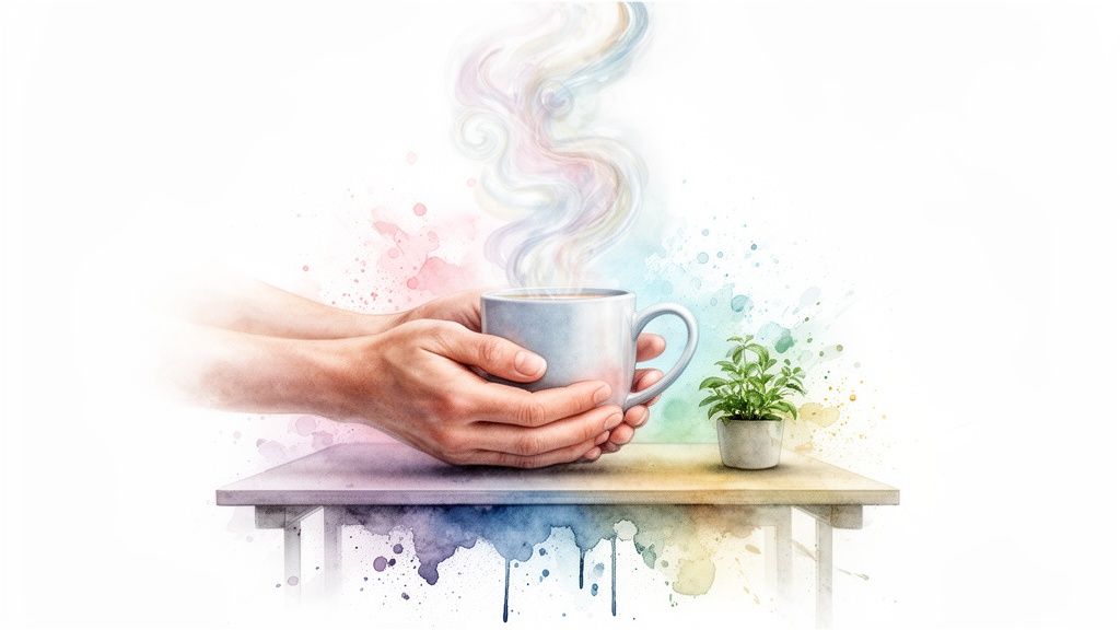 Des mains tenant une tasse fumante, avec vapeur arc-en-ciel, sur une table aquarellée avec une petite plante.