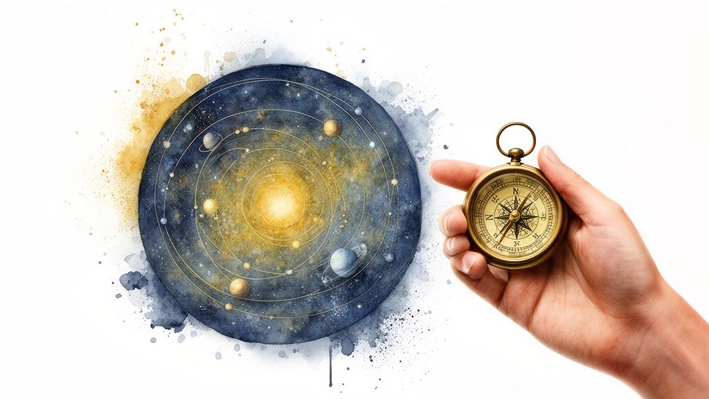 Une main tient une boussole dorée près d'une illustration à l'aquarelle d'un système solaire galactique.