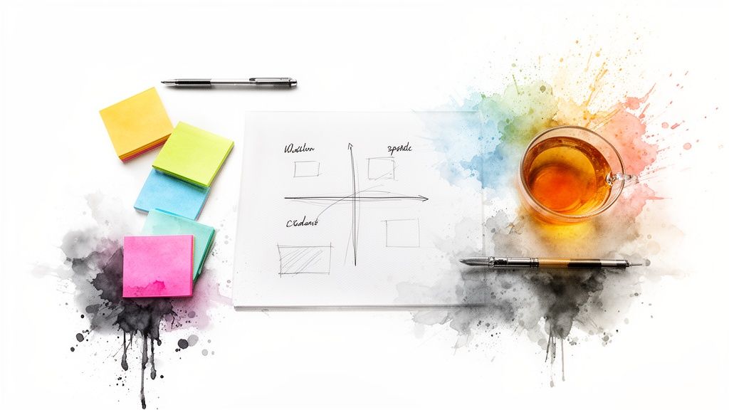 Vue aérienne d'un espace de travail créatif avec des notes autocollantes colorées, un schéma de décision et une tasse de thé, entouré d'éclaboussures d'aquarelle.