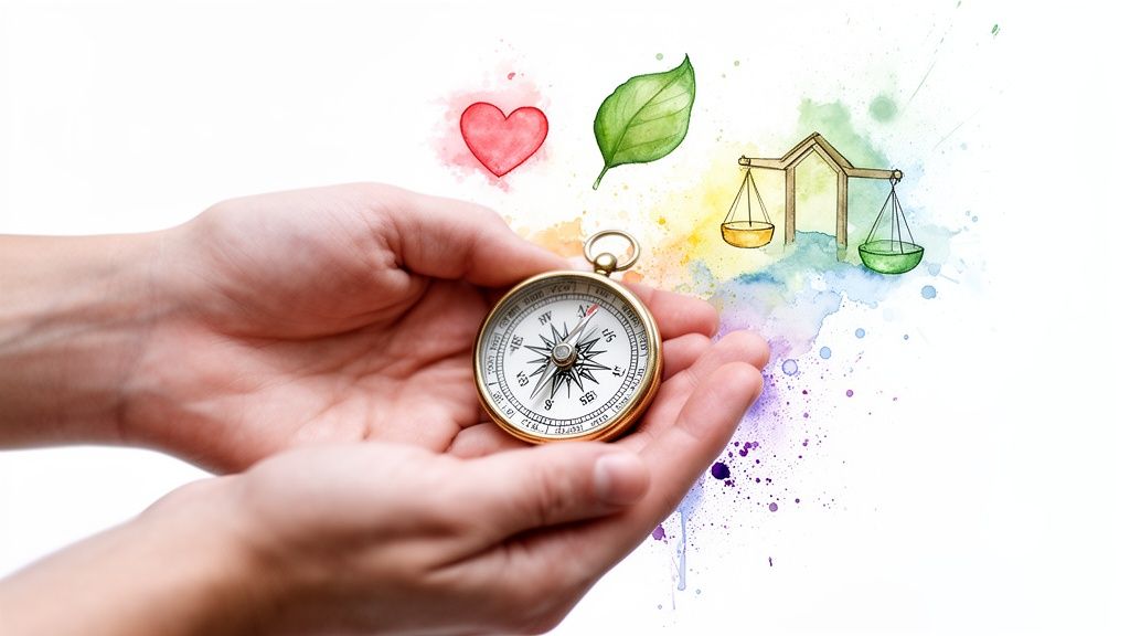 Des mains tiennent une boussole, avec un cœur, une feuille et une balance en aquarelle flottant au-dessus, symbolisant des valeurs essentielles et la direction.
