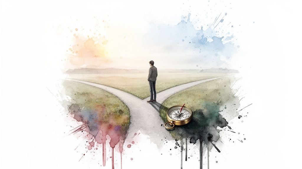 Un homme devant un chemin qui se divise, avec une boussole, symbolisant un choix important et la direction à prendre.