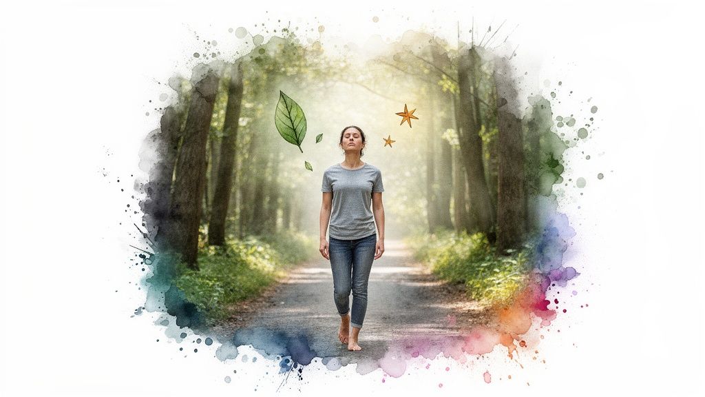 Une femme marche pieds nus, les yeux fermés, sur un chemin forestier, entourée d'éléments aquarelle de feuilles et d'étoiles.