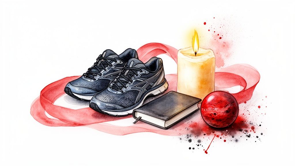 Peinture aquarelle de chaussures de course, bougie allumée, livre et sphère rouge de Mars, sur fond blanc.