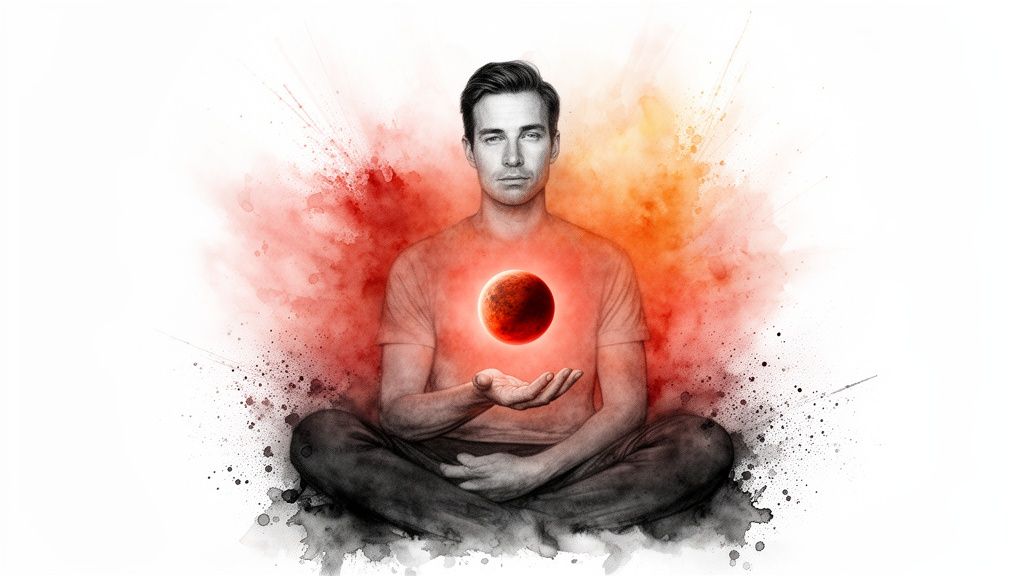 Homme méditant en tailleur, tenant une planète rouge lumineuse comme Mars, entouré d'éclaboussures d'aquarelle vibrantes.