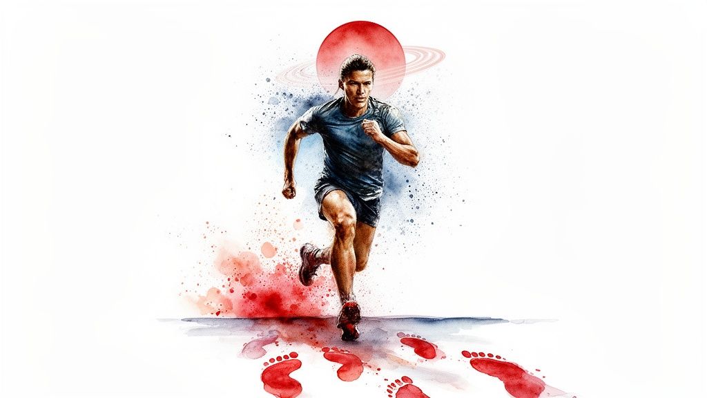Illustration dynamique d'un homme courant avec des éclaboussures de peinture et une planète rouge en arrière-plan.
