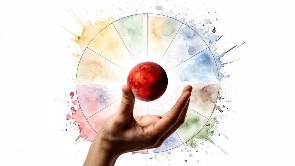 Une main tient une sphère rouge devant un cercle d'aquarelle divisé, évoquant l'astrologie ou une roue chromatique.