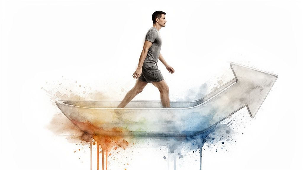 Un homme marche sur une flèche ascendante stylisée, symbolisant le progrès et la croissance personnelle.