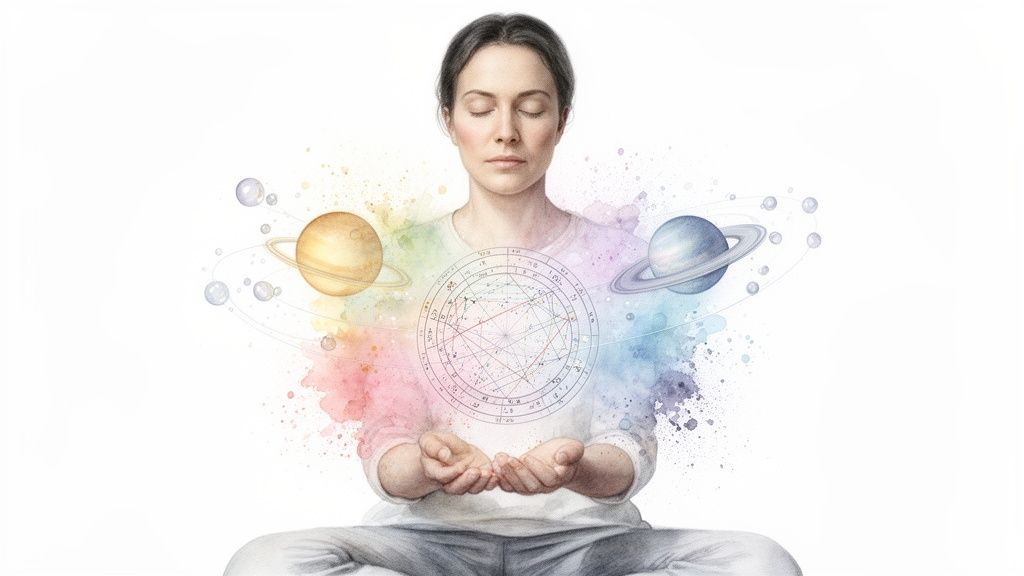 Femme méditant en position du lotus, entourée de planètes et d'un thème astrologique circulaire, style aquarelle.