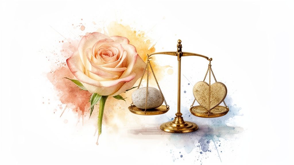 Une rose pâle et une balance dorée avec une pierre et un cœur, sur un fond aquarelle abstrait.