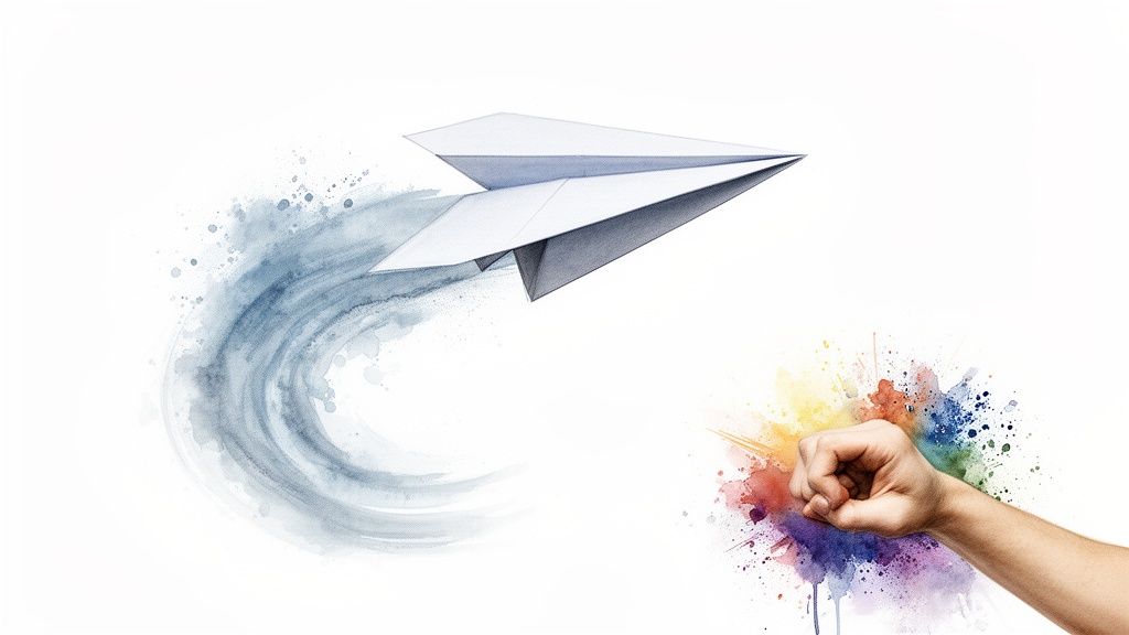 Avion en papier s'envolant d'une explosion de couleurs, avec une traînée d'aquarelle bleue.