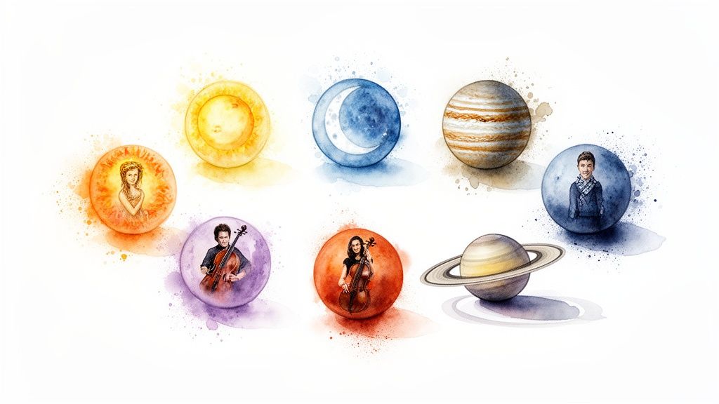 Illustrations à l'aquarelle de planètes et astres, certains abritant des musiciens et des portraits d'enfants.