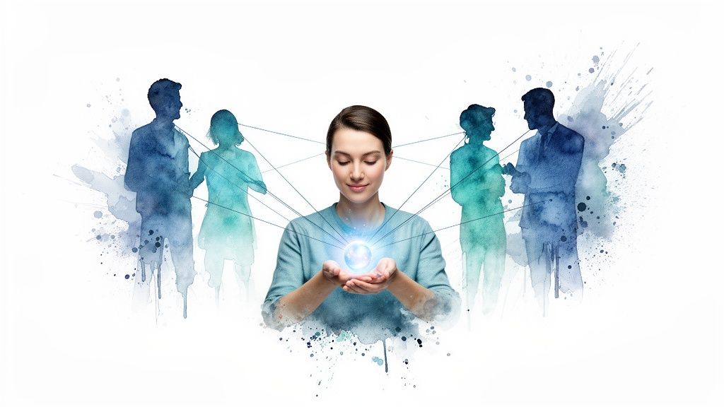 Femme au centre tenant une sphère lumineuse, reliée par des lignes à des silhouettes de personnes en style aquarelle.