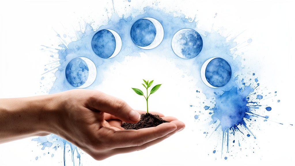 Une main tient une jeune pousse de plante. Au-dessus, des phases de lune aquarelle bleues et des éclaboussures d'eau.