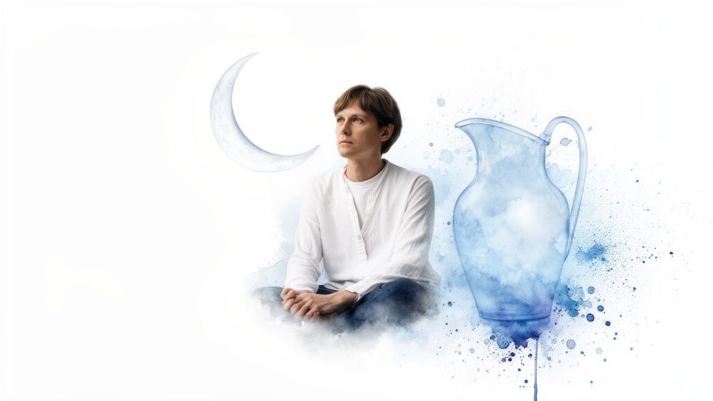 Un homme médite, entouré d'une lune et d'une cruche d'eau aux teintes bleues et éthérées.