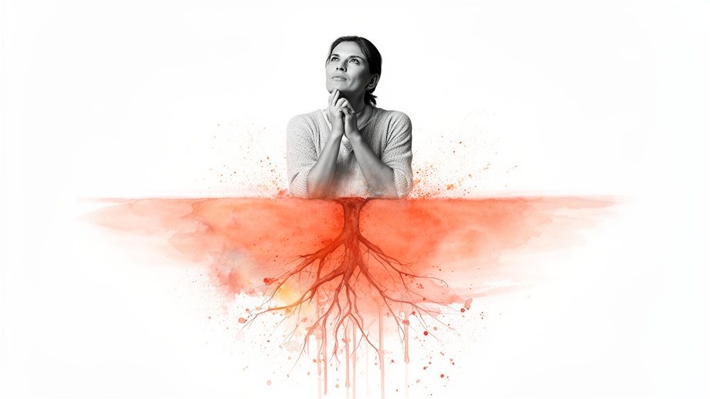 Une femme pensive en niveaux de gris, les mains jointes, surplombe des racines orange profondes.